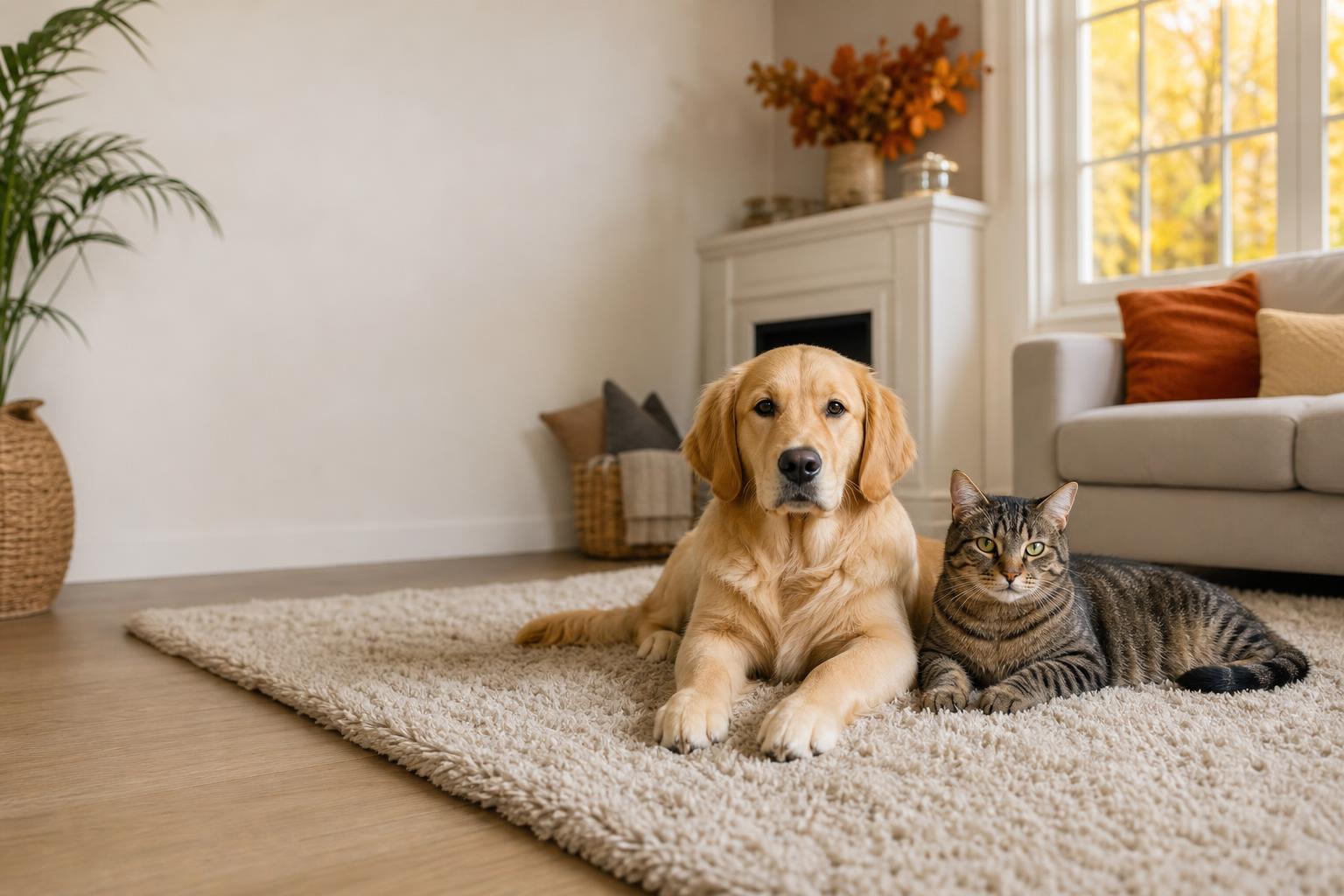 Un perro y un gato tumbados juntos en la alfombra de un salón acogedor